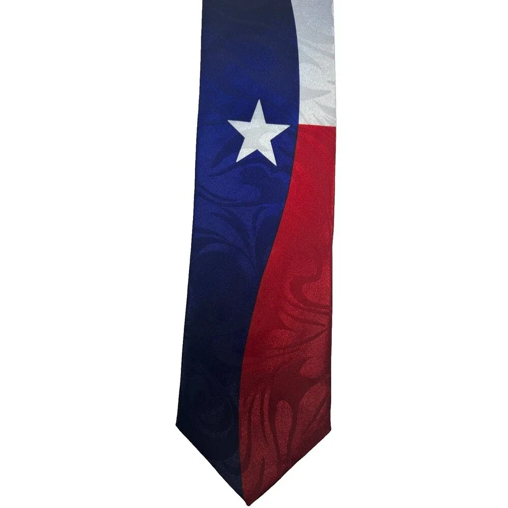 Roberto Cellini Texas Flag Tie Red White Blue Gray Star Scroll 58”x 3.75